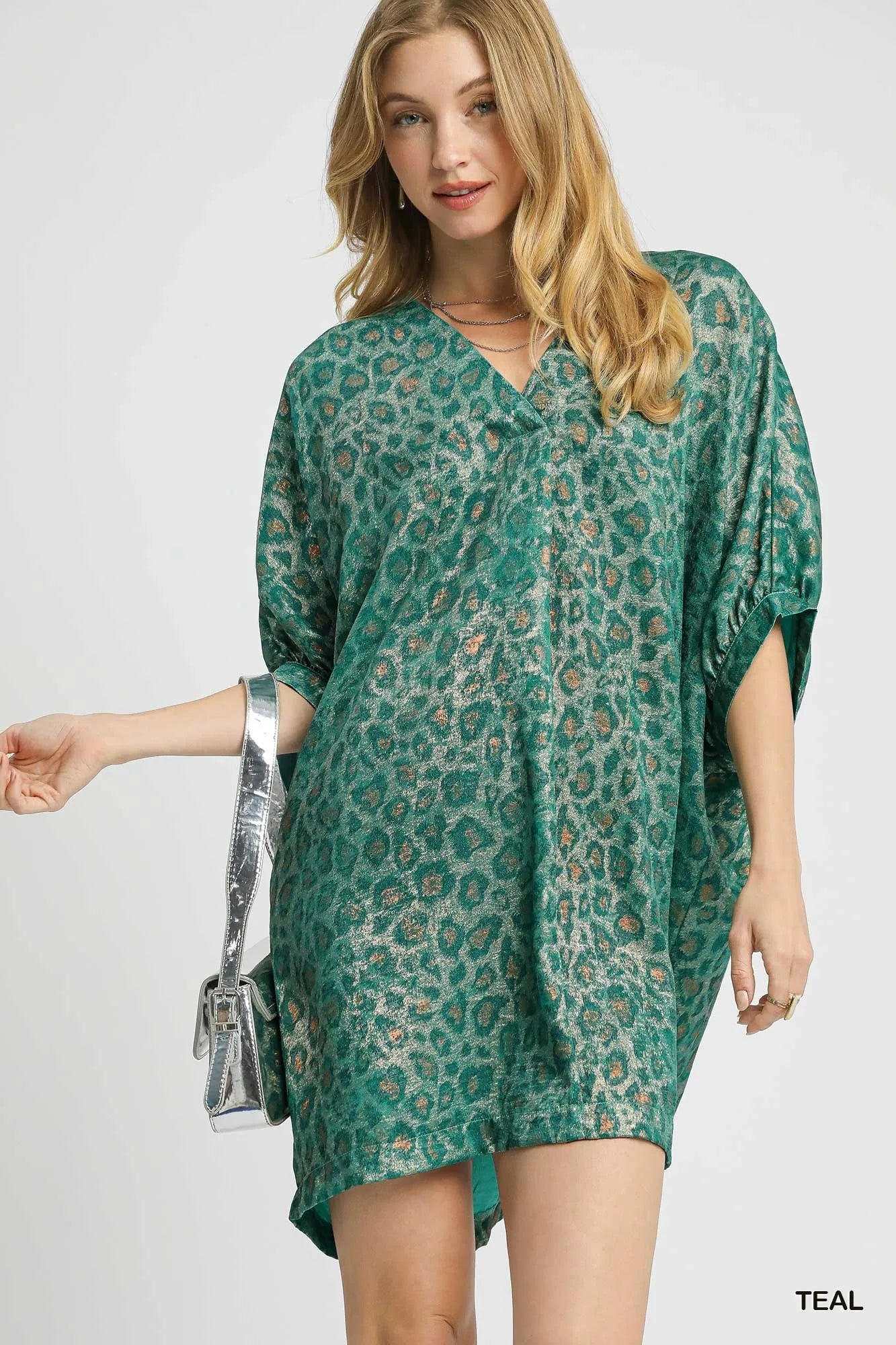 Metallic Leopard Print V-Neck Kimono Dress - Teal - product view 1