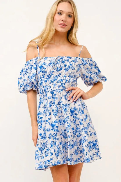 Off Shoulder Bubble Sleeve Dress in White Blue - product view 2
