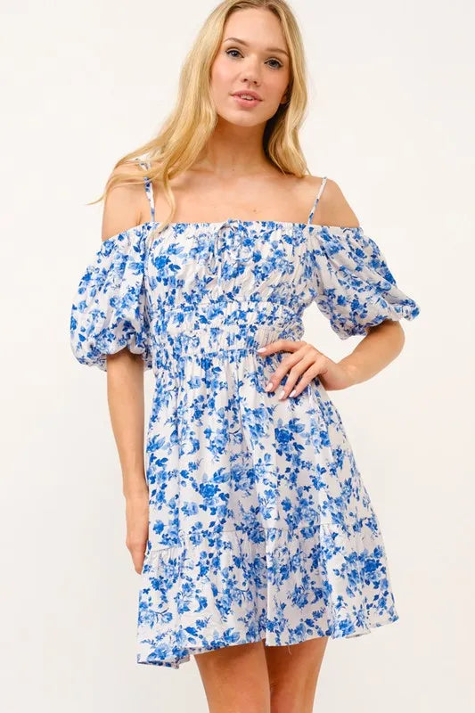 Off Shoulder Bubble Sleeve Dress in White Blue - product view 2