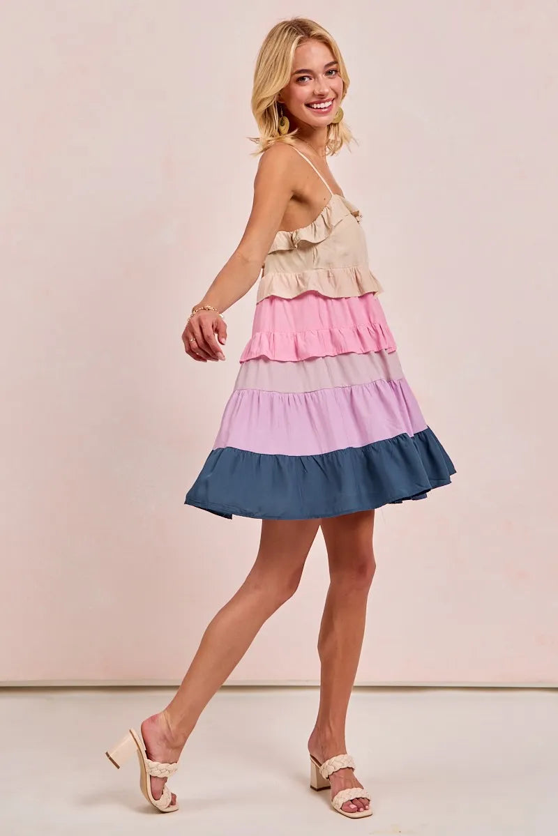 Color Blocked Tiered Dress - Cream/Pink/Lilc/Teal - product view 7