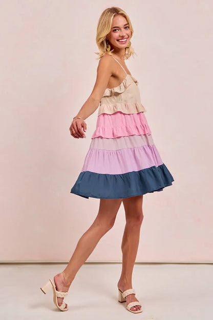 Color Blocked Tiered Dress - Cream/Pink/Lilc/Teal - product view 7
