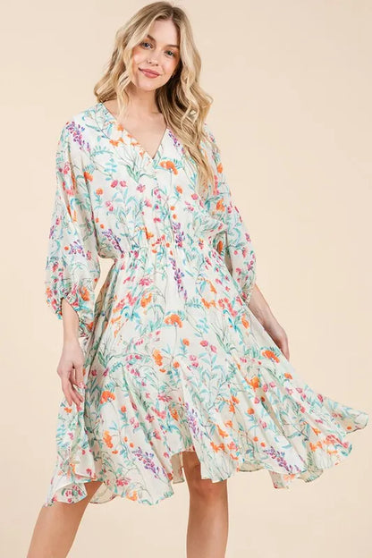 Floral Cinched Waist Balloon Sleeve V-Neck Dress in Ivory Floral - product view 3