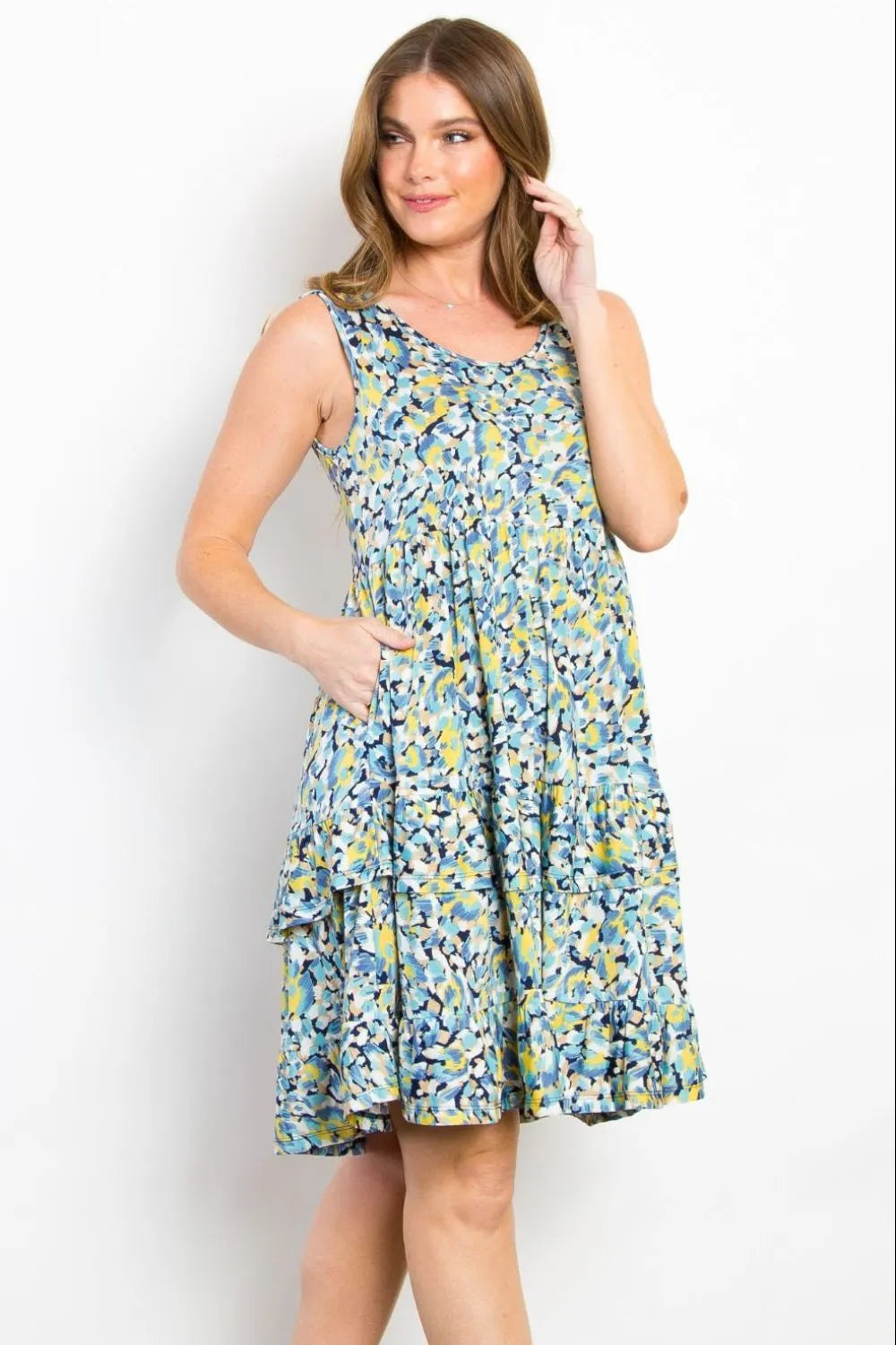 Full Size Print Wrinkle Free Ruffled Dress in Blue - product view 1