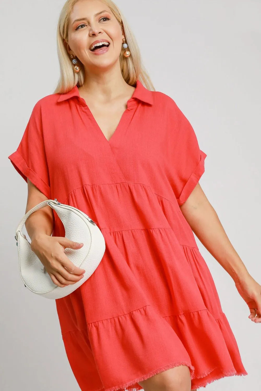Full Size Raw Hem Folded Sleeve Tiered Dress Plus Size - Strawberry - product view 3