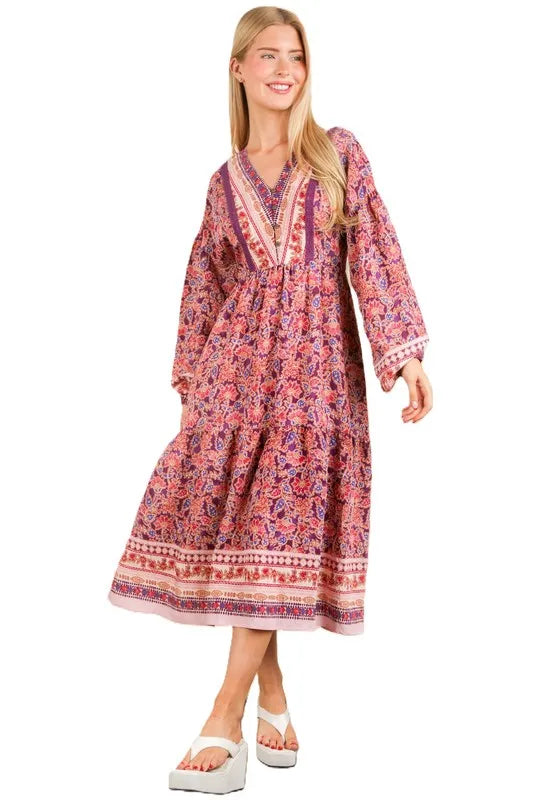 Floral Printed Boho V-Neck Balloon Sleeve Dress in Purple Mix - product view 5
