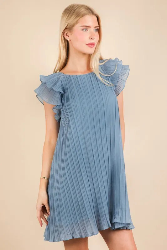 Plus Size Ruffle Sleeve Pleated Woven Mini Dress in Denim - product view 5