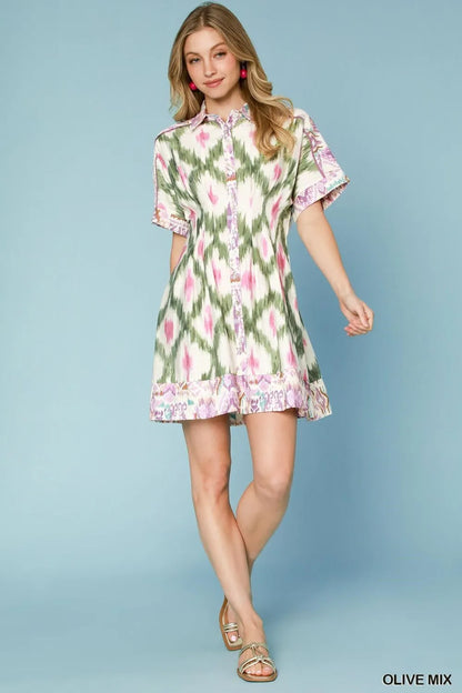 Ethnic Print Short Sleeve Mini Shirt Dress in Olive Mix - product view 4