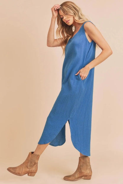 Round Neck Midi Tank Dress with Pockets - Peacock Blue - product view 1