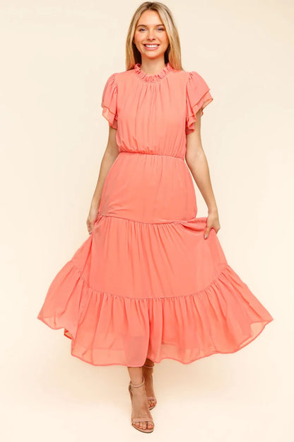 Full Size Tiered Frill Mock Neck Short Sleeve Dress in Peach - product view 1