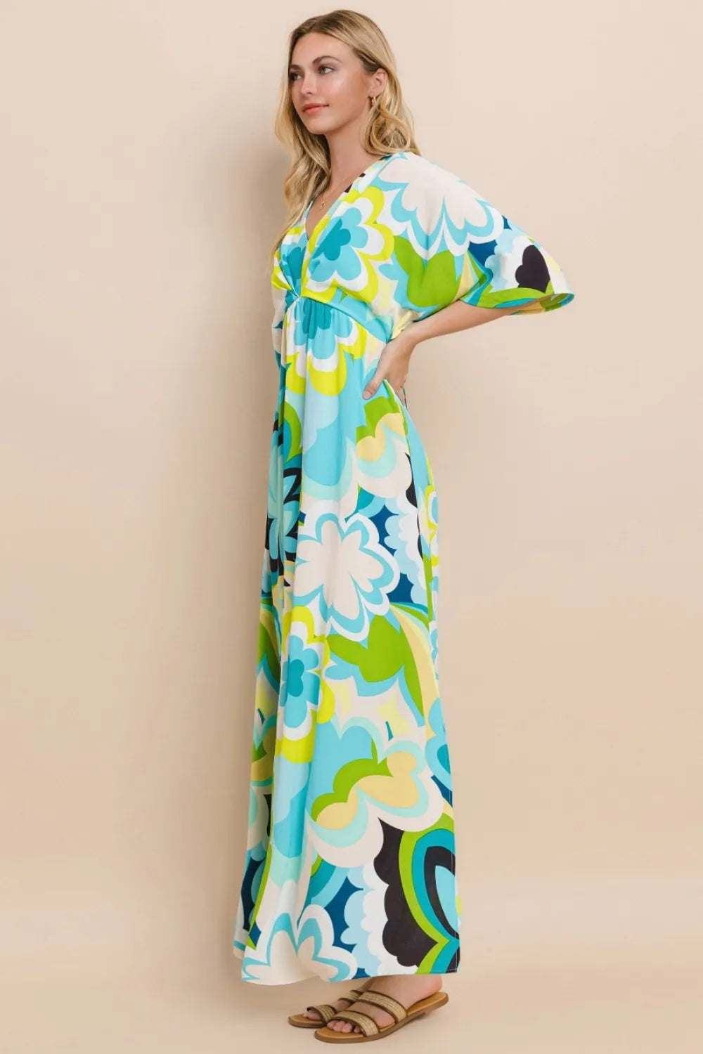 Floral Printed Slit Maxi Dress in Blue Yellow - product view 3