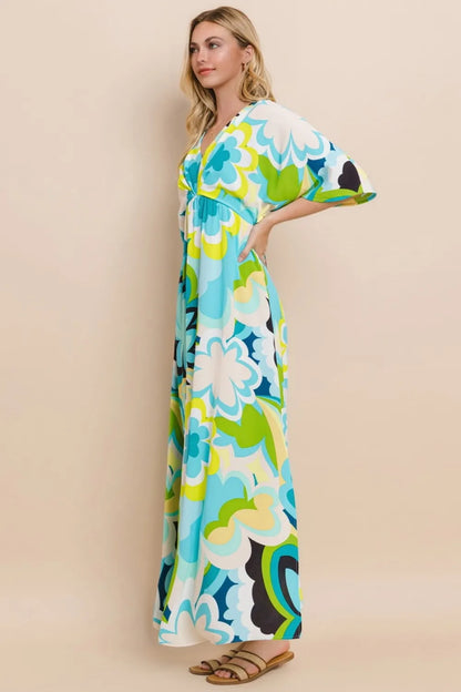 Floral Printed Slit Maxi Dress in Blue Yellow - product view 3