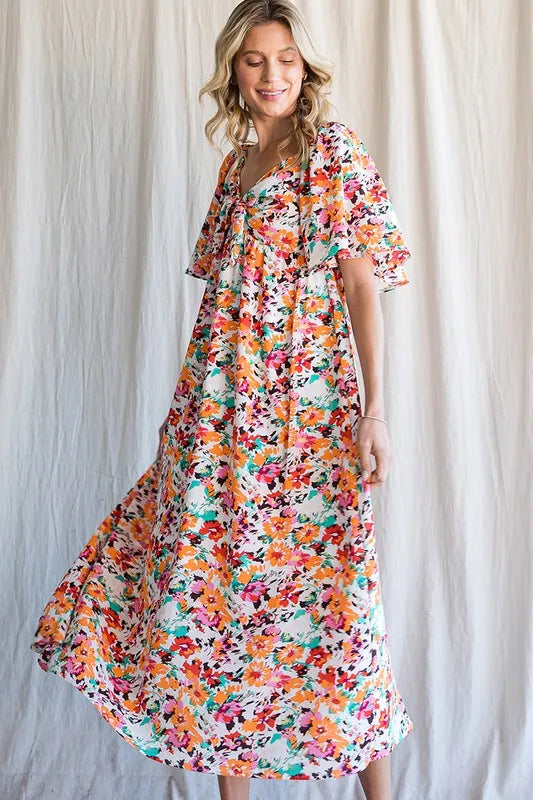 Floral Print Sweetheart Neck Tie Front Midi Dress in Orange Combo - product view 3