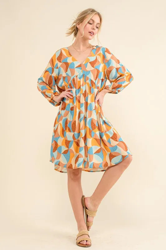 Printed Open Back Puff Sleeve Casual Dress in Blue Multi - product view 5