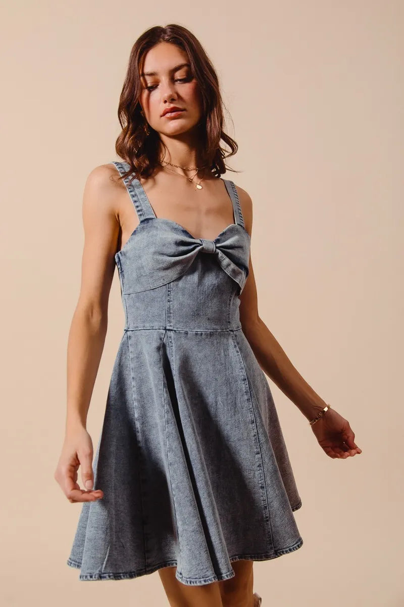 Mineral Washed Bow Ribbon Denim Flare Dress - product view 4
