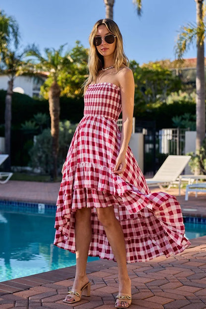 Smocked Body Off Shoulder Check Dress - Red/Ivory - product view 6