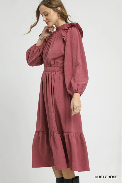 Textured Midi Dress with Ruffle Shoulder Detail - Dusty Rose - product view 4