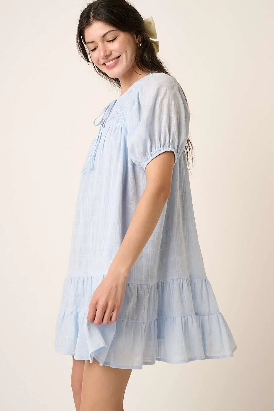 Tassel Tie Plaid Gauze Short Sleeve Mini Dress in Blue - product view 4