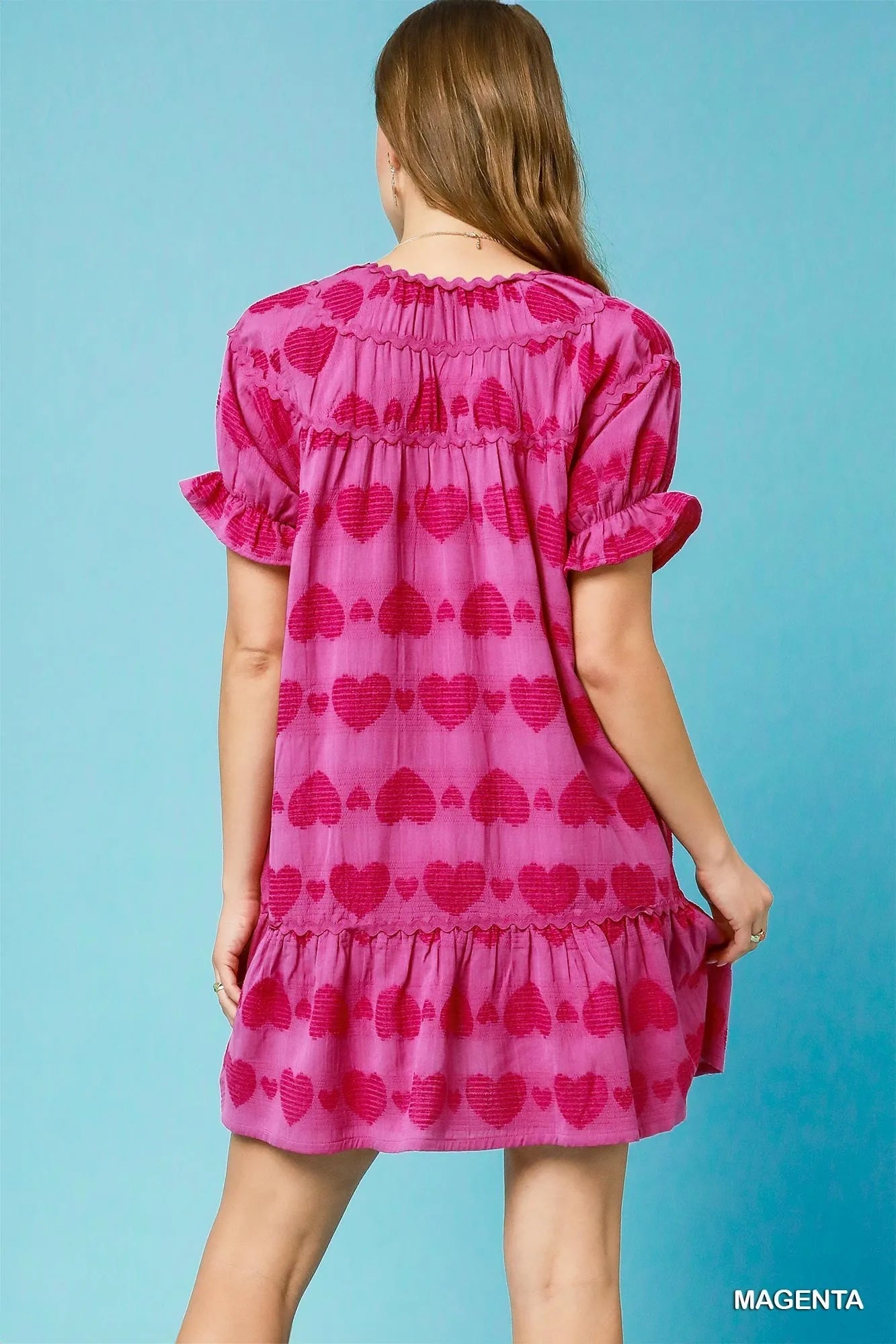 Heart Pattern Short Sleeve Ruffle Babydoll Dress - Magenta - product view 3