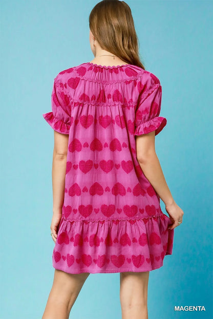 Heart Pattern Short Sleeve Ruffle Babydoll Dress - Magenta - product view 3