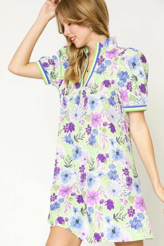 Floral Print Short Puff Sleeve Mini Dress in Light Green - product view 2