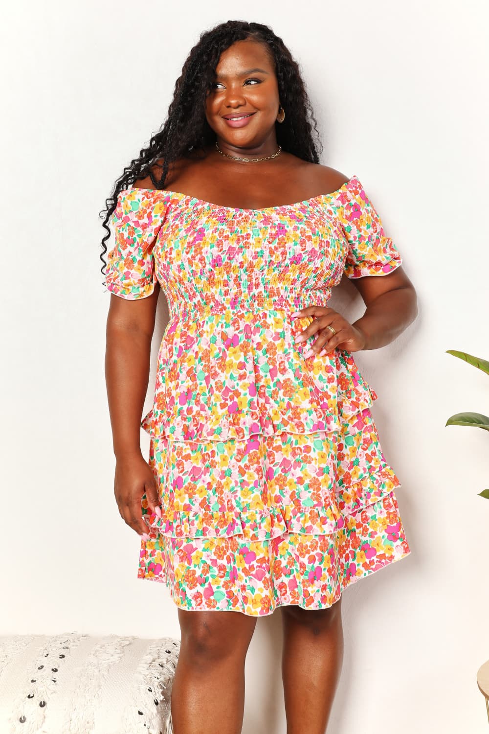 Smocked Sweetheart Neck Flounce Sleeve Mini Dress in Strawberry - product view 8