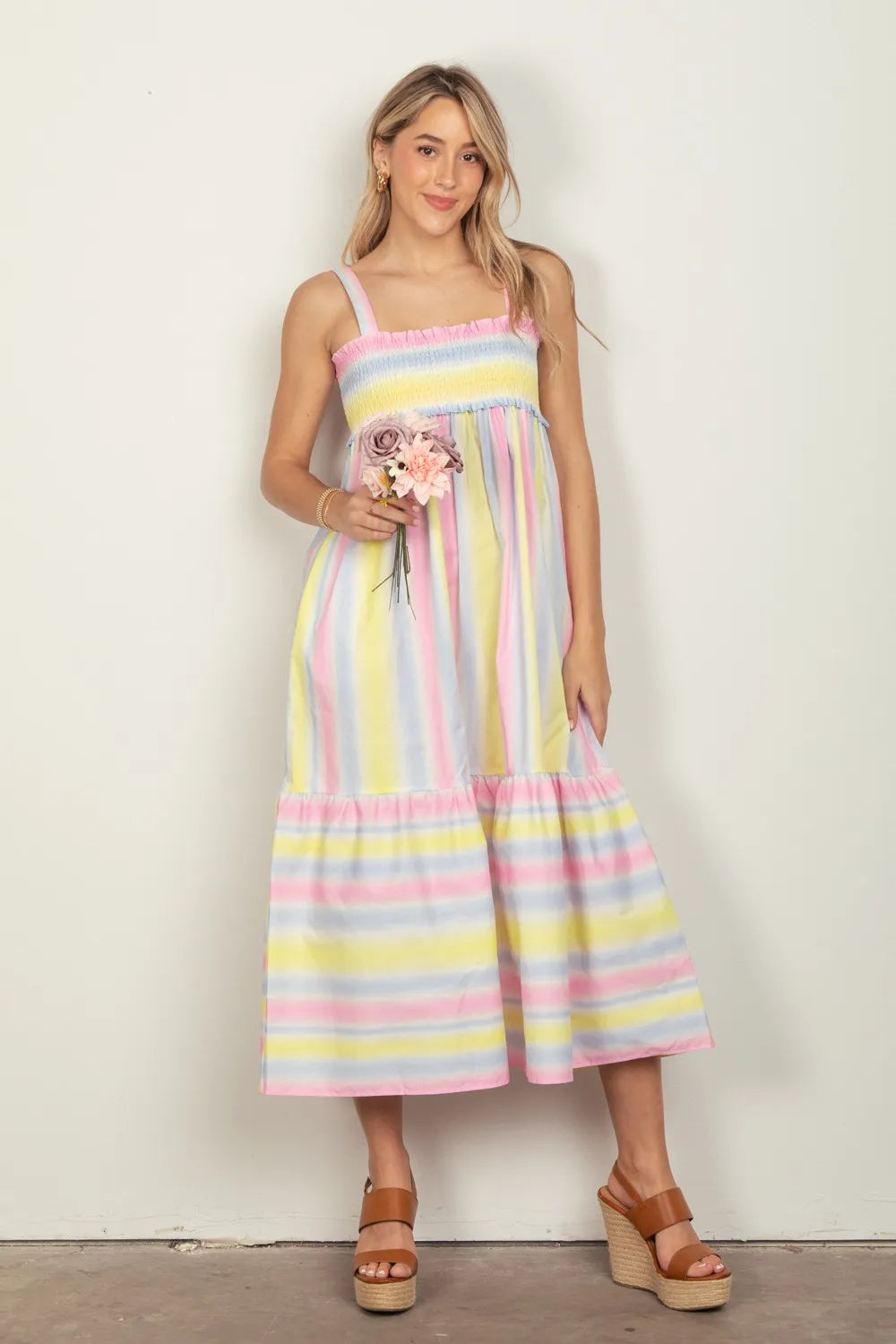 Striped Woven Smocked Midi Cami Dress in Pinkcombo - product view 1