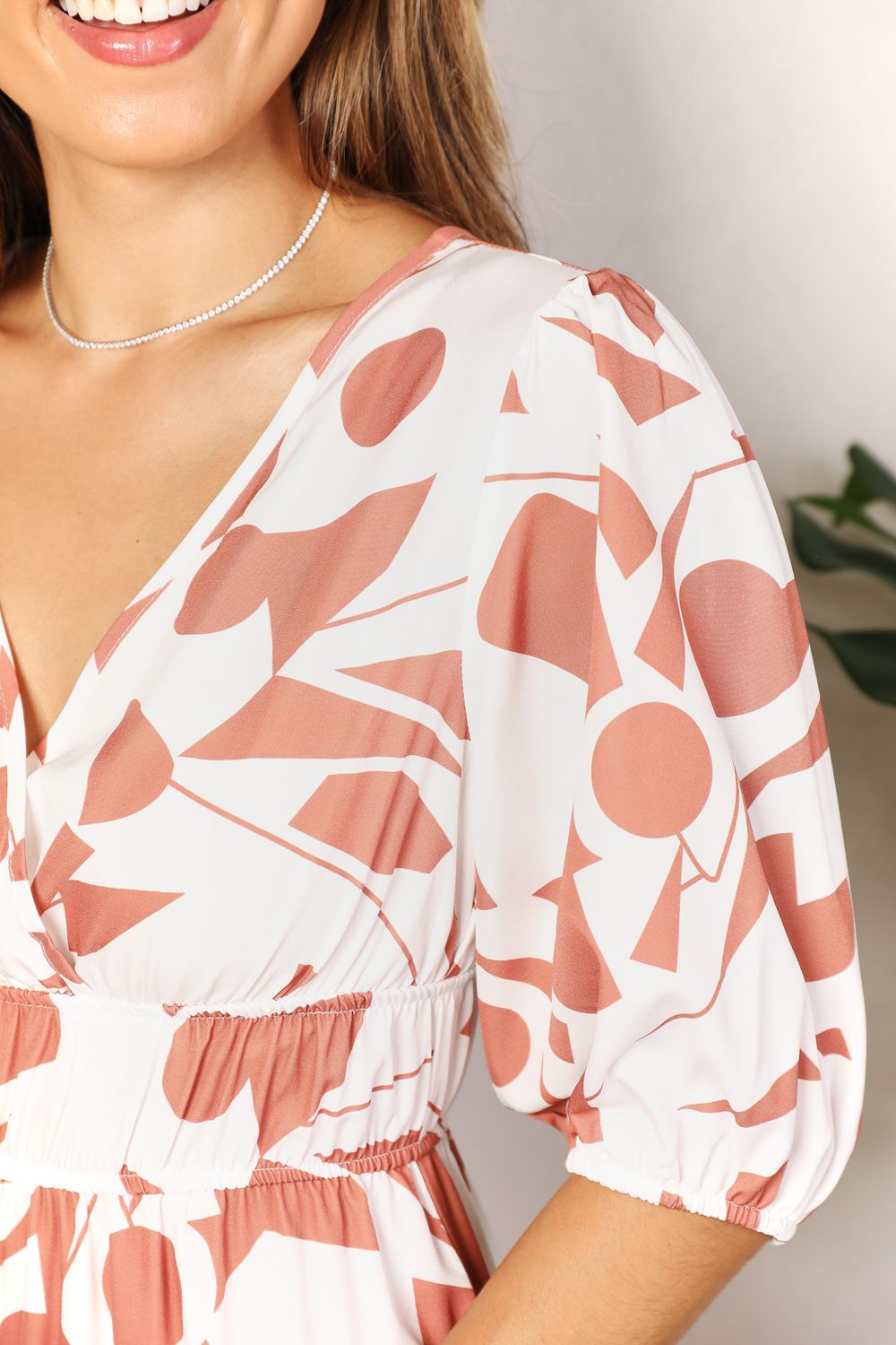 Printed Surplice Balloon Sleeve Dress in Camel and Black - product view 5