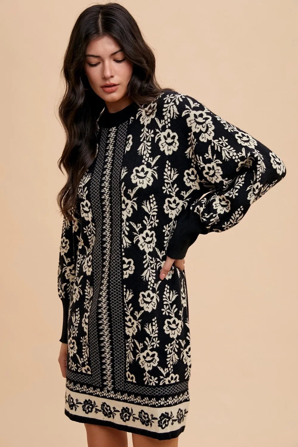 Floral Jacquard Round Neck Sweater Dress in Black/Oatmeal - product view 3