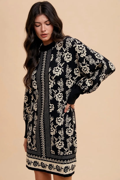 Floral Jacquard Round Neck Sweater Dress in Black/Oatmeal - product view 3