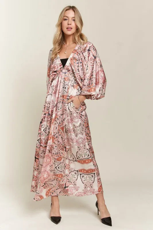 Printed V-Neck Batwing Sleeve Dress - Pale Blush - product view 4