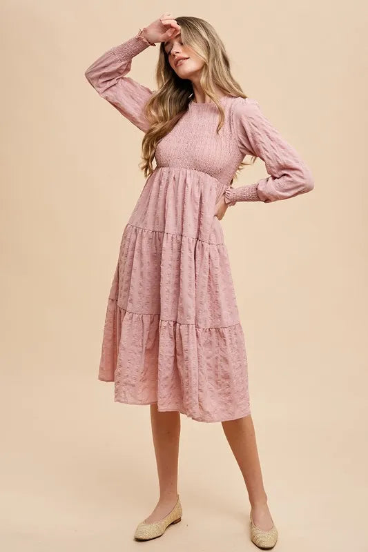 Textured Smocking Bodice Tiered Midi Dress in Mauve - product view 1