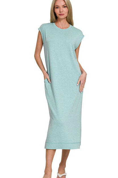 French Terry Sleeveless Round Neck Midi Dress - Dusty Teal - product view 1