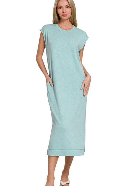 French Terry Sleeveless Round Neck Midi Dress - Dusty Teal - product view 7