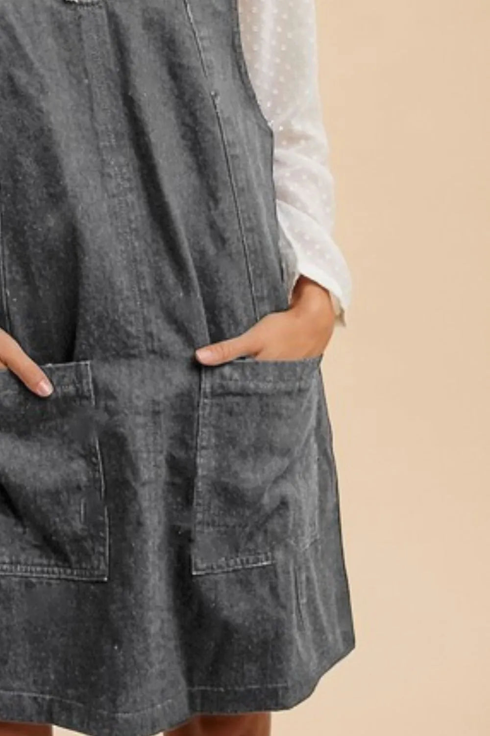 V-Neck Adjustable Strap Denim Overall Dress with Pockets - Charcoal - product view 3