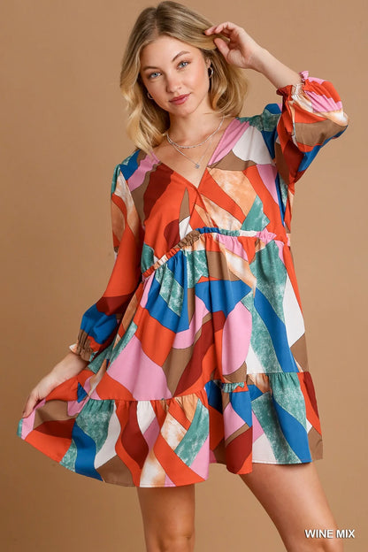 Abstract V-Neck Tiered Printed Dress - Wine Mix - product view 1