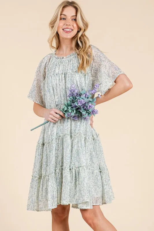 Ditsy Floral Print Sheer Ruffle Detail Mini Dress in Ivory Combo - product view 4