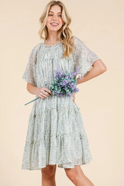 Ditsy Floral Print Sheer Ruffle Detail Mini Dress in Ivory Combo - product view 4