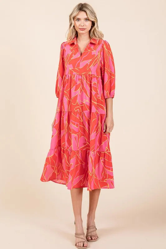 Tiered Printed Collared Neck Midi Dress in Coral - product view 6