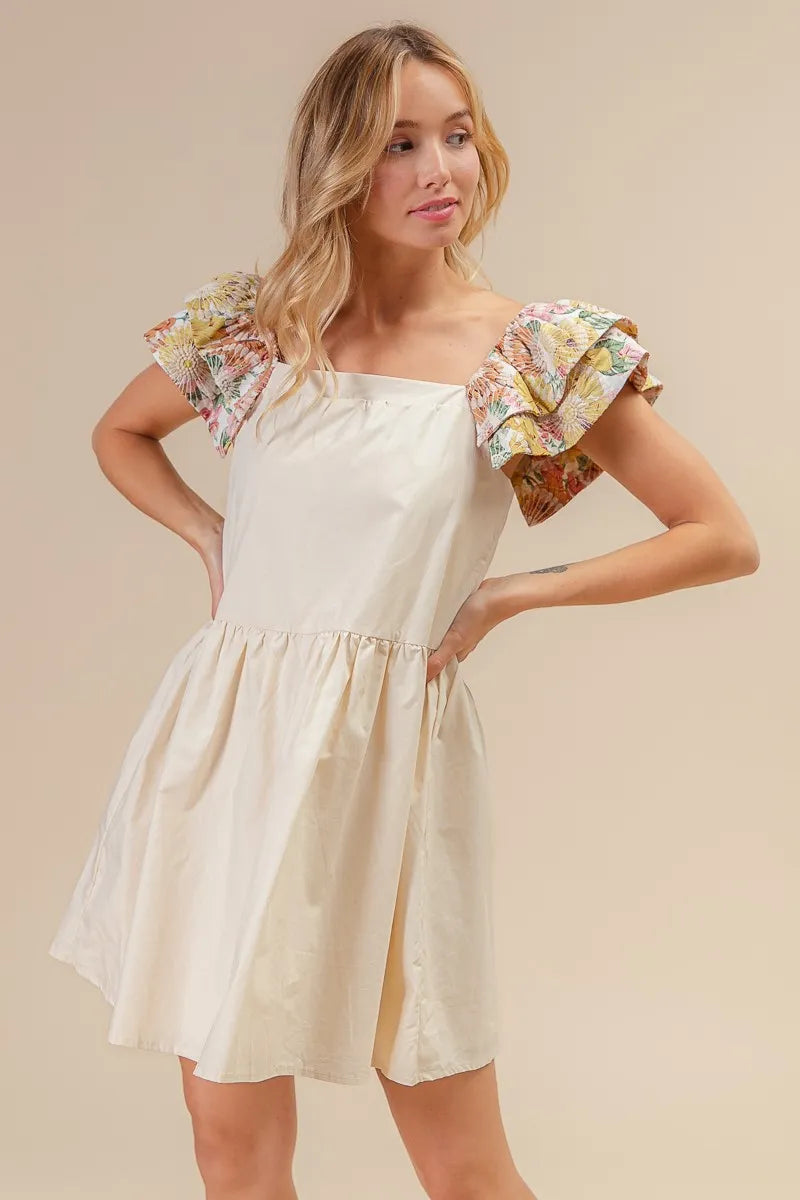 Flower Embroidered Floral Print Sleeve Dress in Oatmeal - product view 9