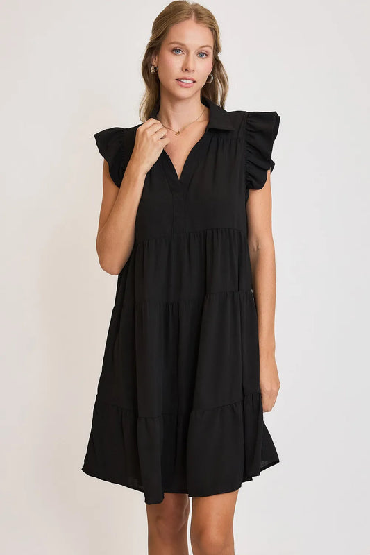 Full Size Johnny Collar Ruffle Cap Sleeve Tiered Dress Plus Size - Black - Umgee USA - Style 81963 - product view 1