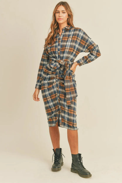 Plaid Flannel Front Tie Button Down Shirt Dress in Camel - product view 1