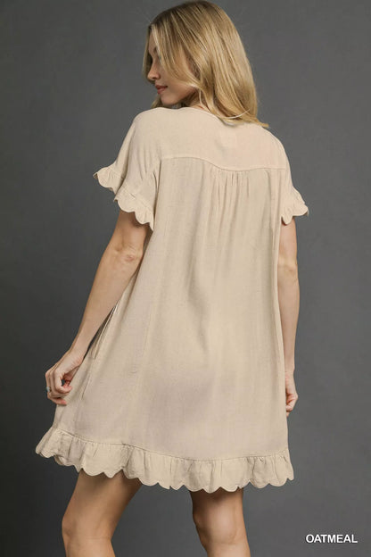 Linen Ruffle Hem Babydoll Dress in Oatmeal - product view 3