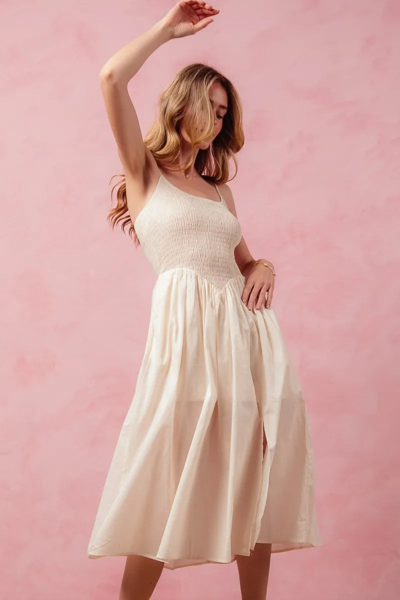 Smocked Sleeveless Casual Everyday Dress With Slit - Cream - product view 2