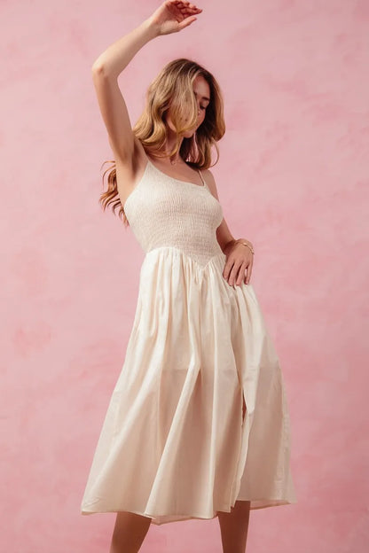 Smocked Sleeveless Casual Everyday Dress With Slit - Cream - product view 2