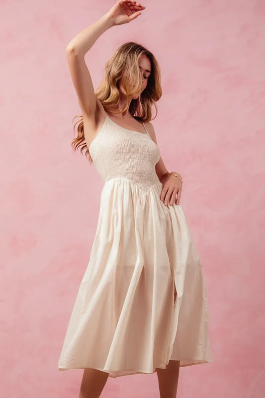 Smocked Sleeveless Casual Everyday Dress With Slit - Cream - product view 2