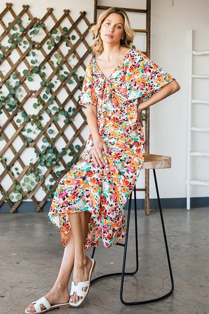 Floral Print Sweetheart Neck Tie Front Midi Dress in Orange Combo - product view 5