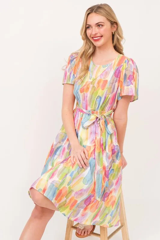 Watercolor Print Tie Front Midi Dress - Orange Combo - product view 10
