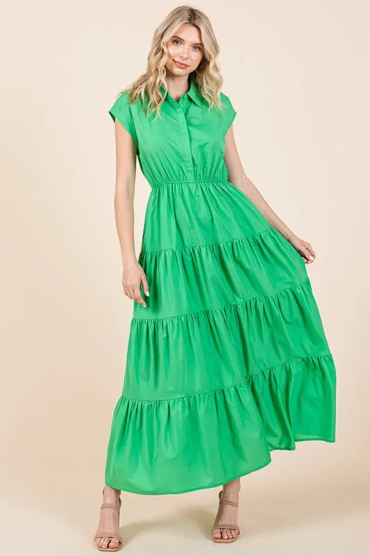 Button Up Collared Tiered Maxi Shirt Dress in Apple Green - product view 2