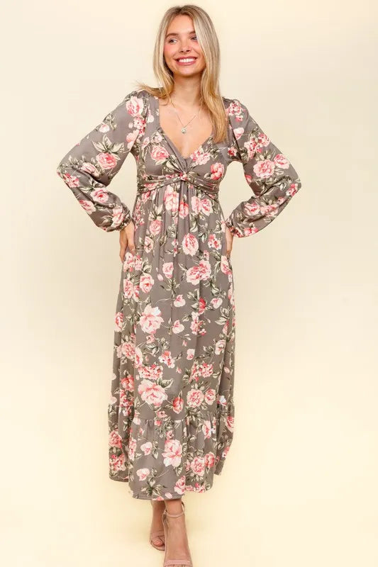 Twisted Detail Ruffled Hem Floral Dress with Side Pockets in Mauve Blush - product view 6