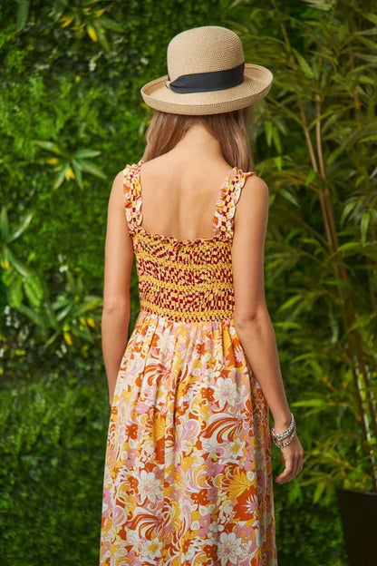 Multi Smocked Bodice Geo Ruffle Strappy Midi Dress - Orange Tan - product view 7